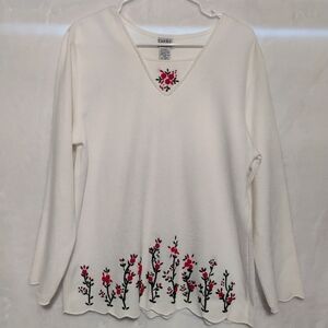Vintage Teddi White Long Sleeve Embroidered Red Flower Sweater Size Petite Large